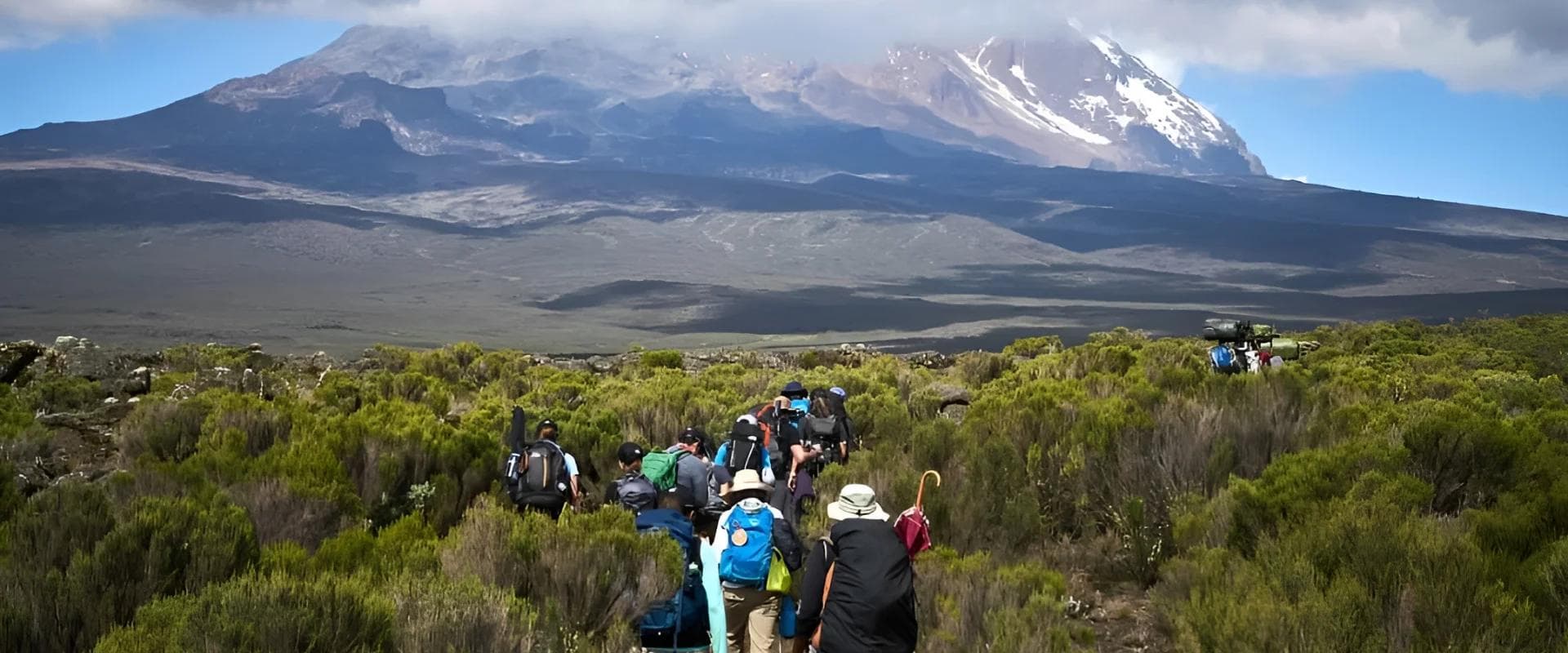 Trekkers hiking toward Mount Kilimanjaro on the Machame Route